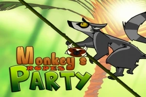 Un lemur antropomorf se agață de o liană, cu un design stilizat pe un fundal tropical, alături de titlul Monkeys Ropes Party