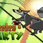 Un lemur antropomorf se agață de o liană, cu un design stilizat pe un fundal tropical, alături de titlul Monkeys Ropes Party