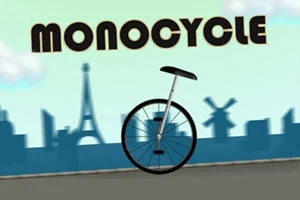 Siluetă monociclu cu fundal oraș stilizat și textul MONOCYCLE deasupra