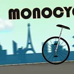 Siluetă monociclu cu fundal oraș stilizat și textul MONOCYCLE deasupra