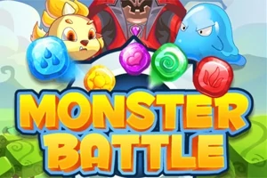 Trei creaturi colorate și cristale strălucitoare deasupra titlului Monster Battle