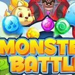 Trei creaturi colorate și cristale strălucitoare deasupra titlului Monster Battle