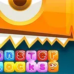 Blocuri colorate cu litere care formează cuvintele monster blocks sub o creatură portocalie cu un ochi mare