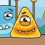 Două creaturi animate, una albastră și pătrată cu dinți ascuțiți, cealaltă galbenă și triunghiulară cu un singur ochi, stând una lângă cealaltă