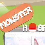 Semn rotund portocaliu și alb cu inscripția MONSTER HOSPITAL pe un fundal verde