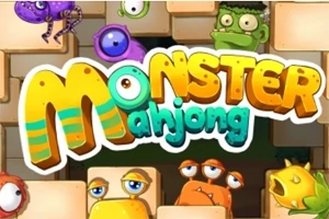 Ilustrație cu titlul „Monster Mahjong” înconjurat de monștri colorați și animati
