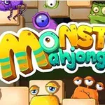 Ilustrație cu titlul „Monster Mahjong” înconjurat de monștri colorați și animati