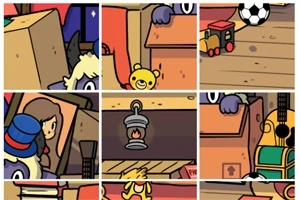 Ilustrație cu un colaj de desene prezentând cutii, jucării, un ursuleț de pluș, o minge de fotbal, un trenuleț de jucărie și o chitară