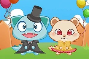 Două personaje animate adorabile, unul albastru purtând un joben și frac, iar celălalt bej cu o rochie galbenă, stau pe iarbă sub baloane colorate, având un fundal cu cer senin și garduri portocalii