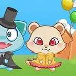 Două personaje animate adorabile, unul albastru purtând un joben și frac, iar celălalt bej cu o rochie galbenă, stau pe iarbă sub baloane colorate, având un fundal cu cer senin și garduri portocalii