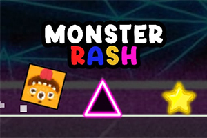 Textul „Monster Rash” deasupra unei scene cu un personaj pătrat portocaliu, o stea galbenă și un triunghi roz, toate pe un fundal întunecat