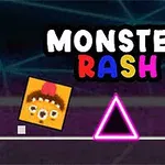 Textul „Monster Rash” deasupra unei scene cu un personaj pătrat portocaliu, o stea galbenă și un triunghi roz, toate pe un fundal întunecat