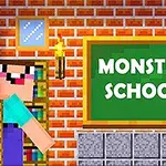 Două personaje cubice într-o sală de clasă cu un tablou pe perete pe care scrie Monster School