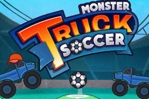 Două camioane monster-truck albastre joacă fotbal cu o minge, sub un banner colorat