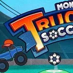 Două camioane monster-truck albastre joacă fotbal cu o minge, sub un banner colorat