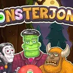 Trei monștri colorați stau în fața unui fundal de pădure, sub un cer de seară, cu titlul MONSTERJONG deasupra lor