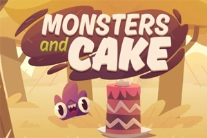Textul „Monsters and Cake” deasupra unui tort roz cu un model zig-zag, cu un personaj animat violet în fundal