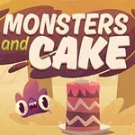 Textul „Monsters and Cake” deasupra unui tort roz cu un model zig-zag, cu un personaj animat violet în fundal