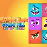 Imaginea prezintă o grilă de nouă pătrate colorate, fiecare conținând fețe de monștri stilizate, pe un fundal portocaliu