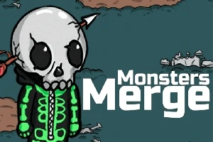Personaj cu un cap de craniu și săgeată în cap purtând un costum verde, în fața textului Monsters Merge pe un fundal obscur