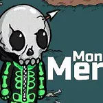 Personaj cu un cap de craniu și săgeată în cap purtând un costum verde, în fața textului Monsters Merge pe un fundal obscur