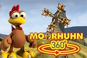 Un pui animat stă în fața unui peisaj cu o moară de vânt și are un text care menționează Moorhuhn 360°