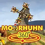 Un pui animat stă în fața unui peisaj cu o moară de vânt și are un text care menționează Moorhuhn 360°
