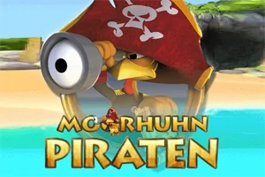 Un pui desenat în stil animat îmbrăcat în pirat, cu un telescop și o pălărie roșie cu simbolul unui craniu, pe plajă, cu titlul Moorhuhn Piraten