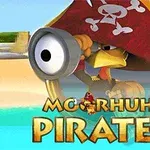 Un pui desenat în stil animat îmbrăcat în pirat, cu un telescop și o pălărie roșie cu simbolul unui craniu, pe plajă, cu titlul Moorhuhn Piraten