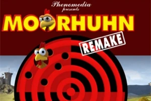 O imagine cu text galben „Moorhuhn Remake”, o țintă roșie cu negru și un pui desenat, pe un fundal de câmp și cer albastru