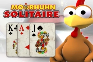 Personaj de desen animat în formă de pui lângă cărți de joc Rege, As și Valet, ilustrând un joc de solitaire
