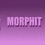 Cub mov cu față zâmbitoare și textul MORPHIT pe un fundal purpuriu degrade
