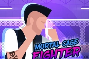 Un bărbat cu tunsoare mohawk și tatuaj pe braț, într-o poziție de luptă, pe un fundal cu gard de sârmă și lumini violet; textul Mortal Cage Fighter apare în față