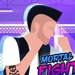 Un bărbat cu tunsoare mohawk și tatuaj pe braț, într-o poziție de luptă, pe un fundal cu gard de sârmă și lumini violet; textul Mortal Cage Fighter apare în față