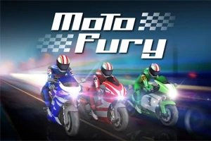 Trei motociclete de curse, una albastră, una roșie și una verde, conduse de piloți cu căști colorate, se îndreaptă spre spectatori, sub un titlu stilizat Moto Fury