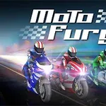 Trei motociclete de curse, una albastră, una roșie și una verde, conduse de piloți cu căști colorate, se îndreaptă spre spectatori, sub un titlu stilizat Moto Fury