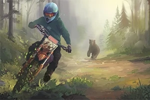 Un motociclist merge cu viteză printr-o pădure, fiind urmărit de un urs