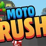 Titlul Moto Rush în culori vibrante pe fundalul unui oraș stilizat cu clădiri și copaci