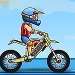 Un personaj animat pe o motocicletă galbenă, purtând o cască albastră și vestă roșie, pe un fundal cu cer albastru