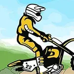 Un motociclist în echipament galben și alb conduce o motocicletă de teren pe un drum pavat, cu un peisaj verde și cer albastru în fundal