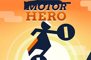 Siluetă stilizată pe motocicletă cu fundal portocaliu și text MOTOR HERO