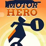 Siluetă stilizată pe motocicletă cu fundal portocaliu și text MOTOR HERO