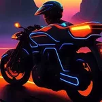 Un motociclist pe o motocicletă futuristă cu lumini neon portocalii și albastre, pe un fundal cu peisaj cibernetic în culori de apus