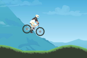 Un ciclist pe o bicicletă de munte sărind pe un teren ondulat, cu un fundal de munte și cer senin