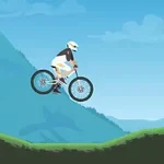 Un ciclist pe o bicicletă de munte sărind pe un teren ondulat, cu un fundal de munte și cer senin