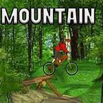 Un ciclist îmbrăcat în roșu sărind de pe o rampă de lemn cu o bicicletă pe un traseu prin pădure, cu textul Mountain Bike deasupra