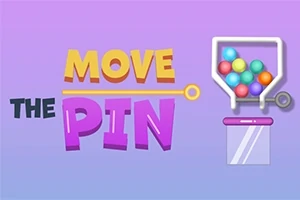 Textul Move the Pin alături de o imagine stilizată cu bile colorate într-un rezervor cu un mecanism de eliberare, pe un fundal degrade violet-albastru