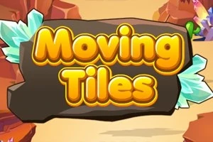 Titlu Moving Tiles scris pe un fundal de piatră cu cristale albastre în peisaj de deșert