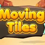 Titlu Moving Tiles scris pe un fundal de piatră cu cristale albastre în peisaj de deșert