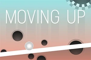 Textul MOVING UP pe un fundal degrade cu găuri negre și o platformă albă înclinată pe care stă o minge albă